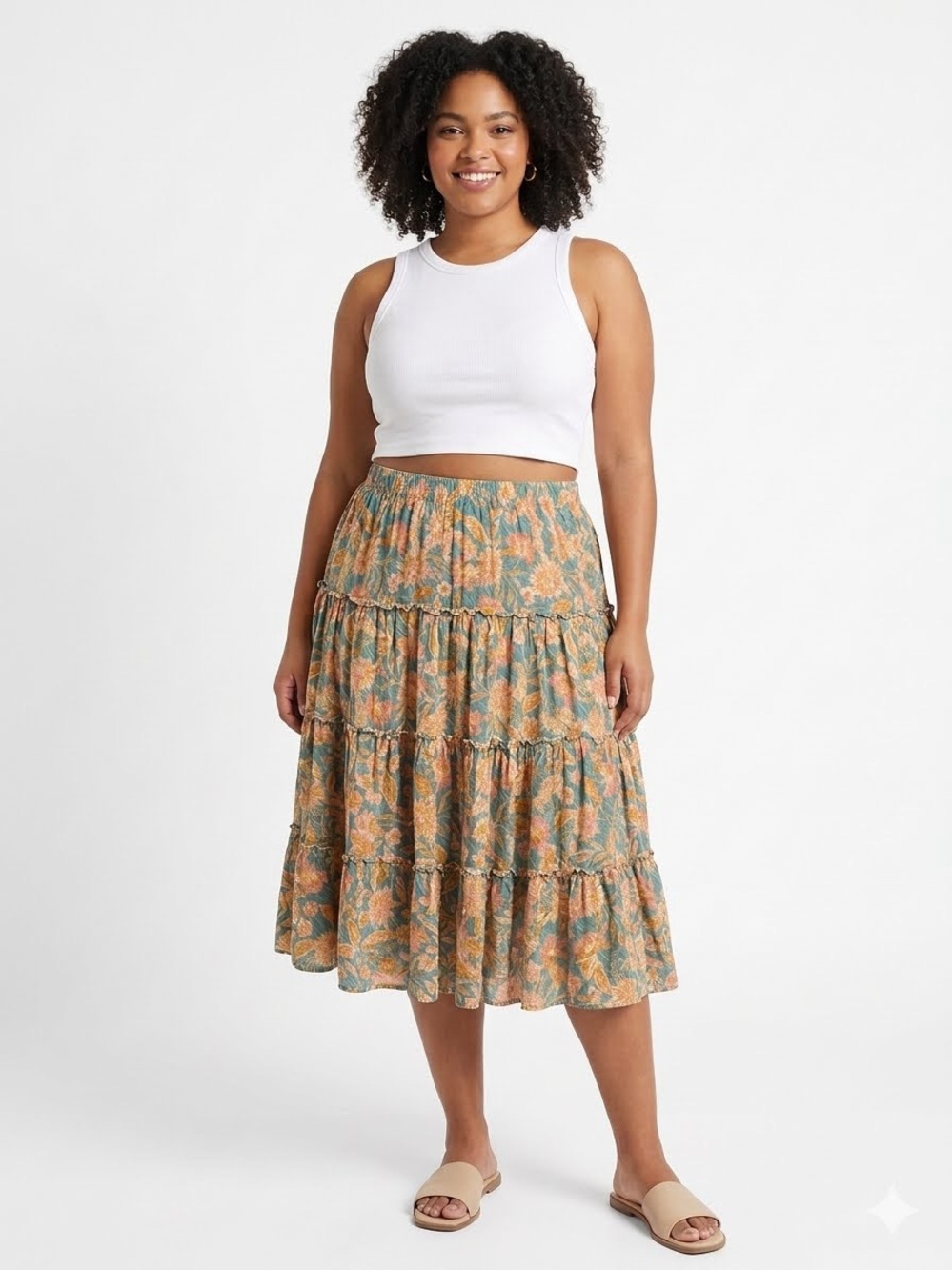 1. State Green & Tan Floral Tiered Midi Skirt
